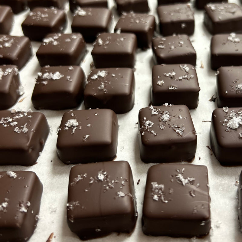 A Tray of Dark Chocolate Sea Salt Caramels