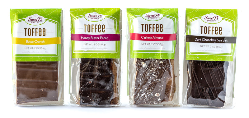 Variety pack of Toffee Bar: Butter Crunch, Honey Butter Pecan, Cashew Almond and Dark Sea Salt.