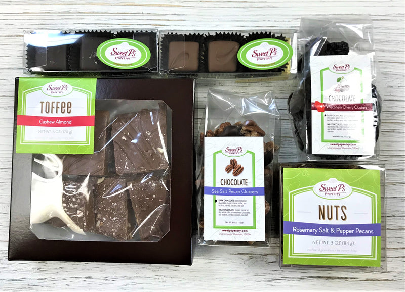 Gift Box filled with Caramels, Toffee, Chocolate Clusters and Candied Pecans