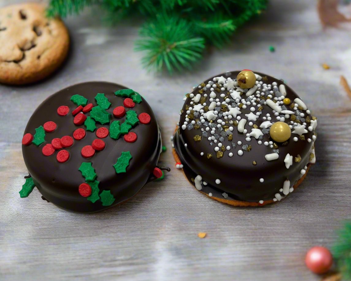 Oreos covered in Belgian chocolate decorated for Christmas