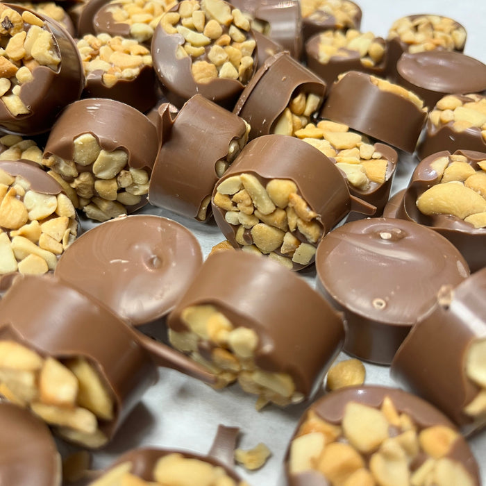 Tray of milk chocolate cashew clusters