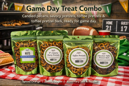 Featuring a combination of the Toffee Pretzel Bark, Toffee Pretzel, Savory Pretzels and Candied Pecans