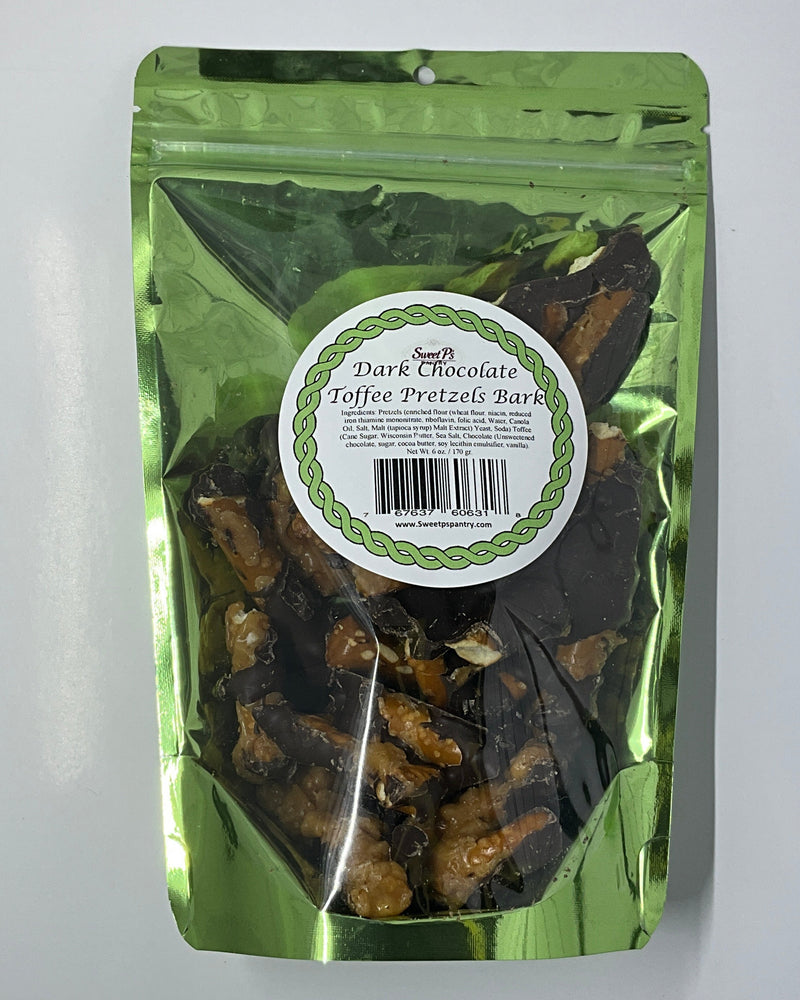 Pretzel pieces covered in toffee and dark chocolate