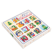 A gift box with '12 days of christmas' text and various Christmas-themed illustrations, including a tree, decorations, and numbers.