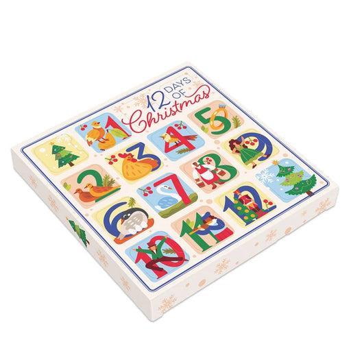 A gift box with '12 days of christmas' text and various Christmas-themed illustrations, including a tree, decorations, and numbers.