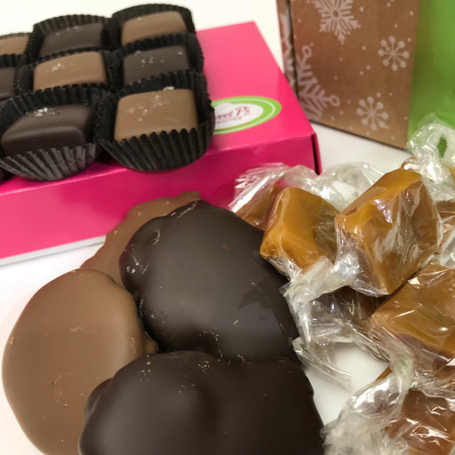An assortment of caramels including seas salt caramels, cream caramels and caramel tortoises