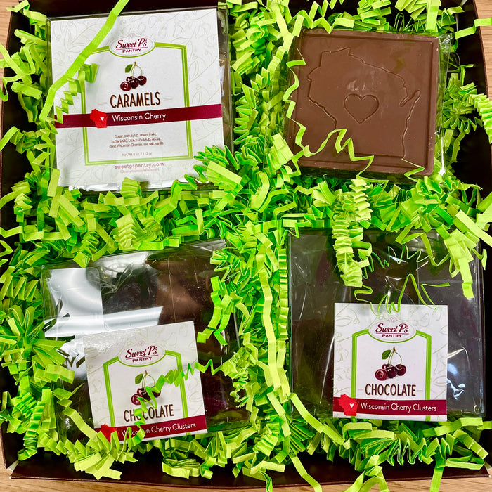 Gift Box with Cherry Caramels, Dark and Milk Cherry Clusters and Wisconsin Chocolate Bar